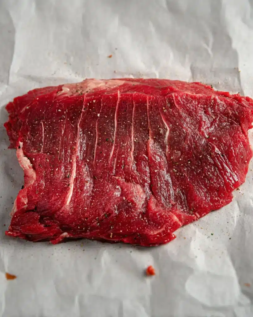 Fresh flank steak seasoned with salt and pepper, ready to prepare Braciole with Tomato Sauce.