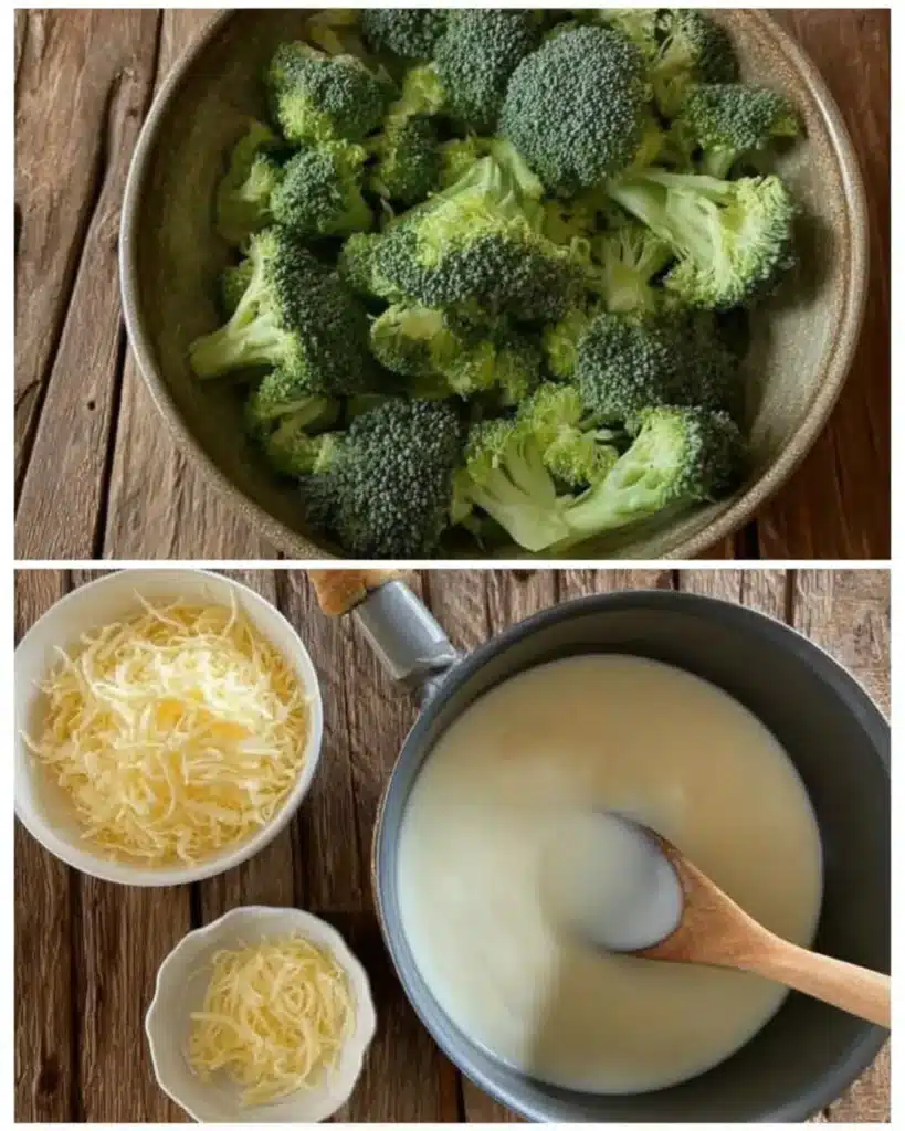 Fresh broccoli florets, shredded cheese, and creamy white sauce on rustic table