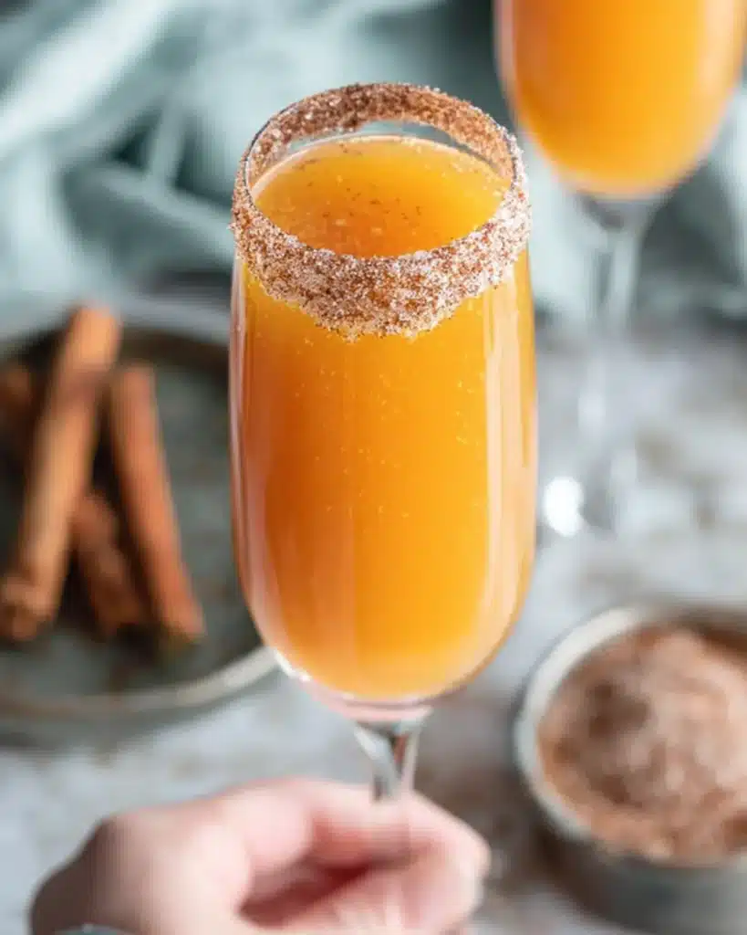 Pumpkin spice mimosa in a champagne glass with cinnamon sugar rim
