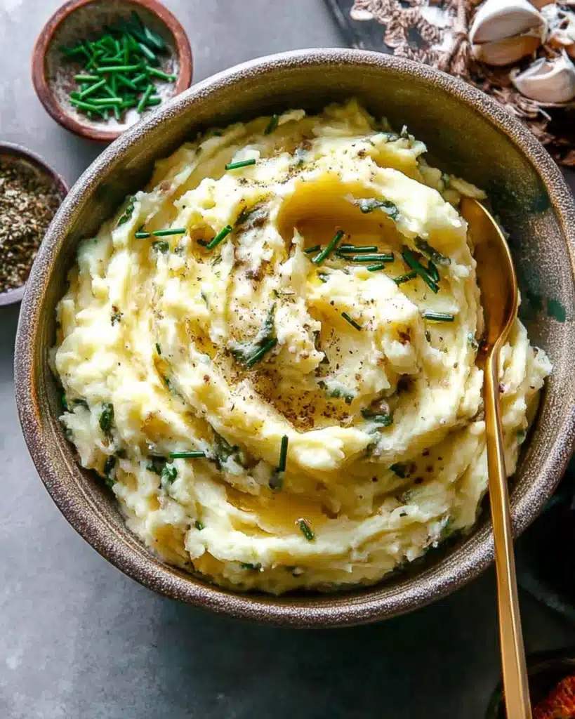 Creamy roasted garlic mascarpone mashed potatoes topped with chives and cracked pepper in a rustic bowl