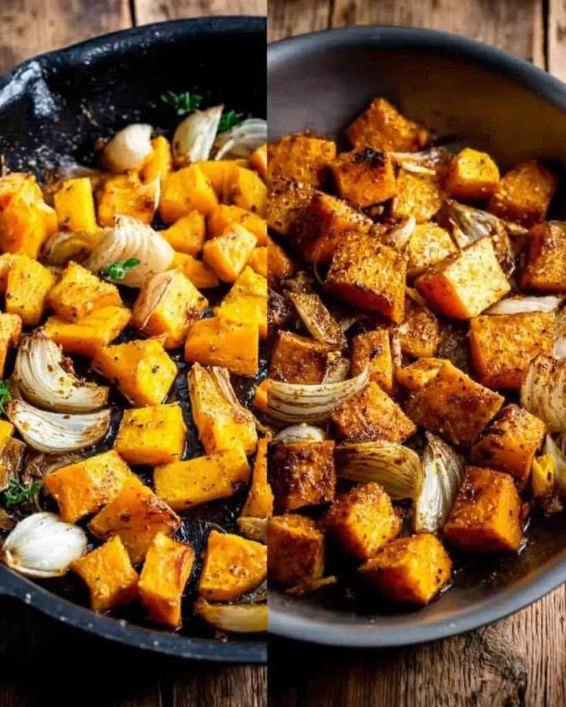 Roasted cubes of butternut squash, sweet potatoes, and onions caramelizing in a dark skillet