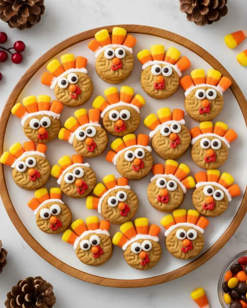 Round turkey cookies made with sandwich cookies, candy corn feathers, candy eyeballs, and red icing arranged on a white plate for Thanksgiving.