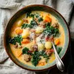 Top view of butternut squash gnocchi soup with kale, gnocchi, and parmesan in a green ceramic bowl.