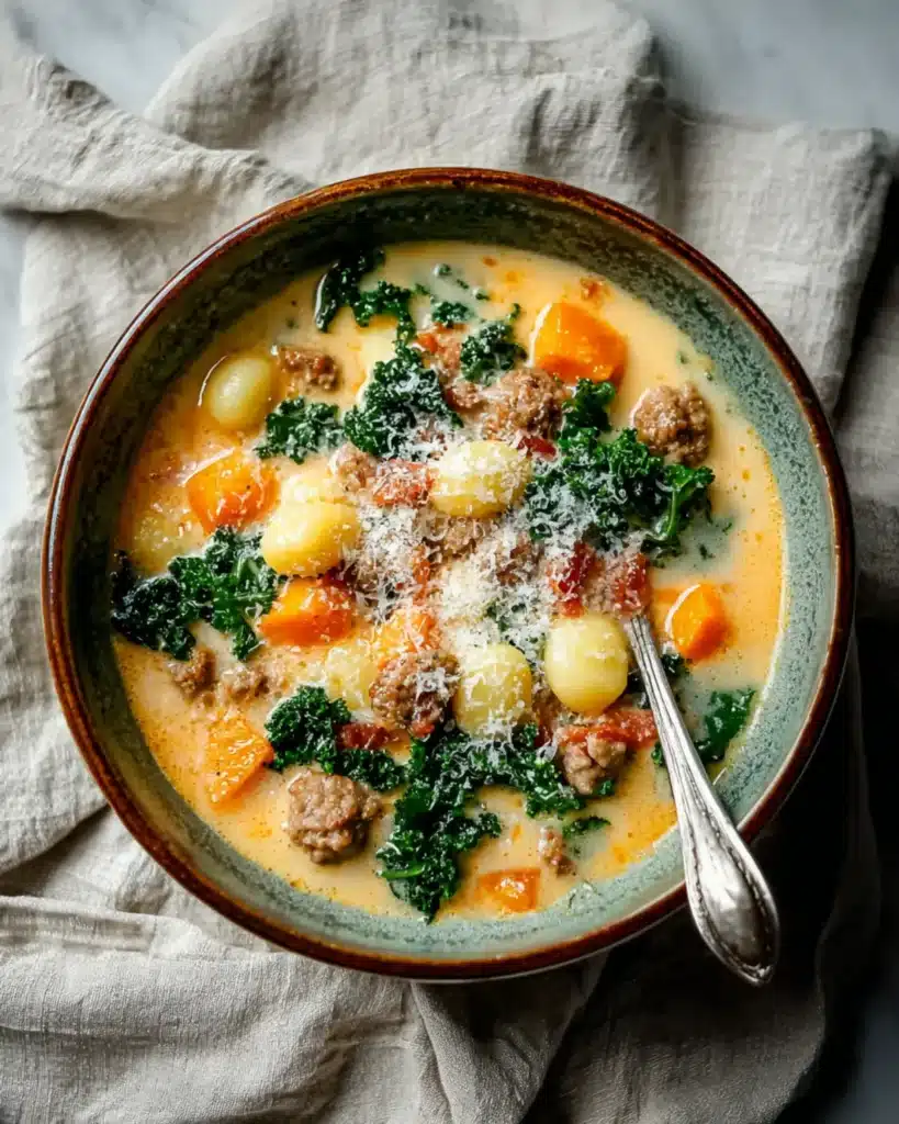 Top view of butternut squash gnocchi soup with kale, gnocchi, and parmesan in a green ceramic bowl.