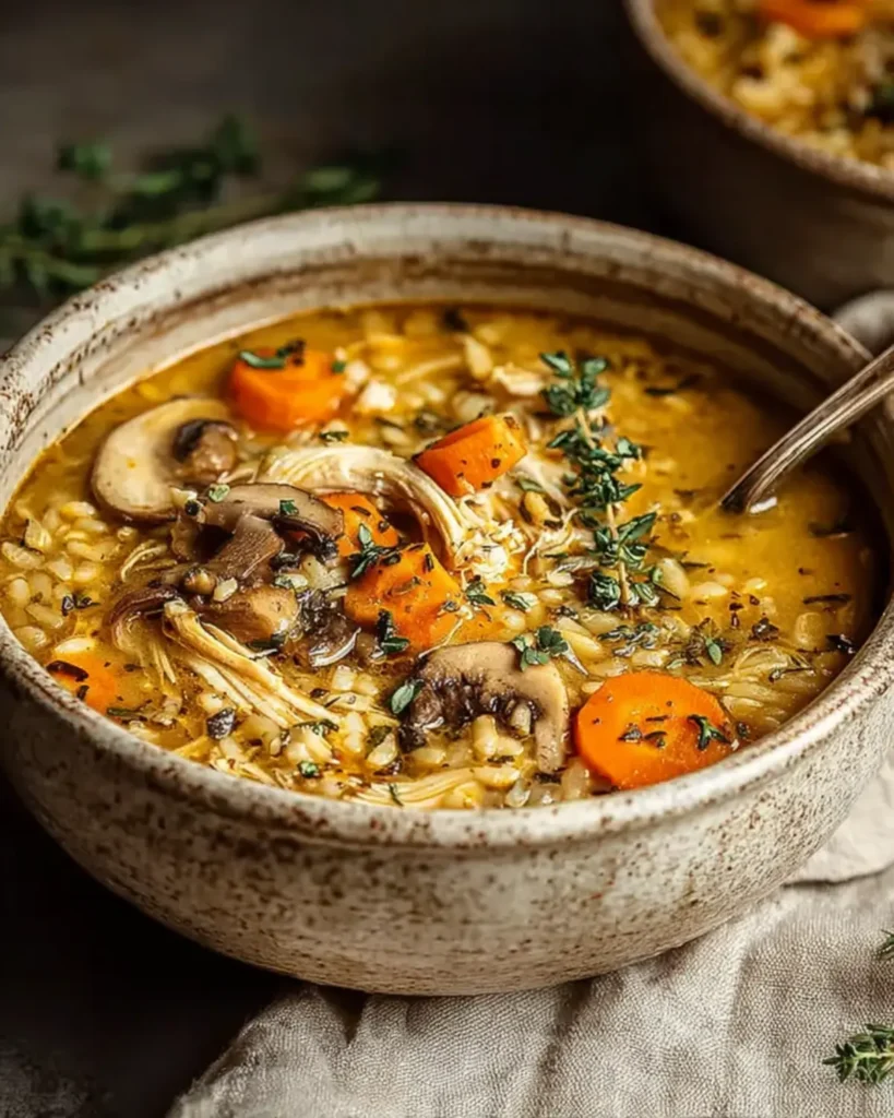 Golden turkey soup with mushrooms, carrots, and shredded turkey in a rustic bowl