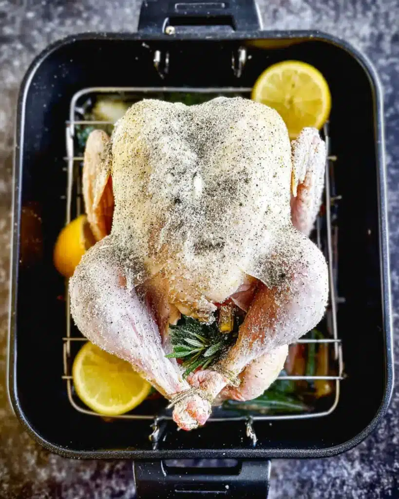 Whole chicken seasoned with salt, pepper, and herbs in a roasting pan with lemon halves