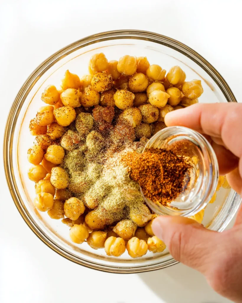 Hand adding spice blend to chickpeas in a glass bowl before roasting, step-by-step preparation for spicy chickpeas recipe