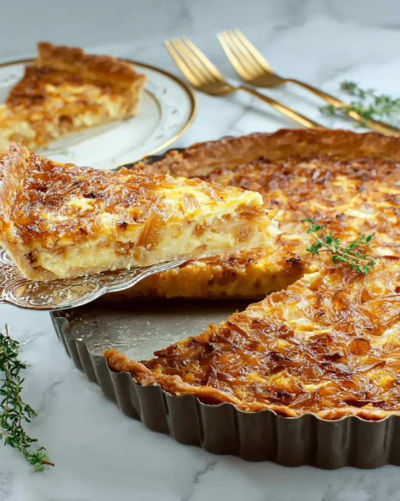 Slice of Caramelized Onion Tart being lifted from a metal tart pan with golden crust and melted cheese