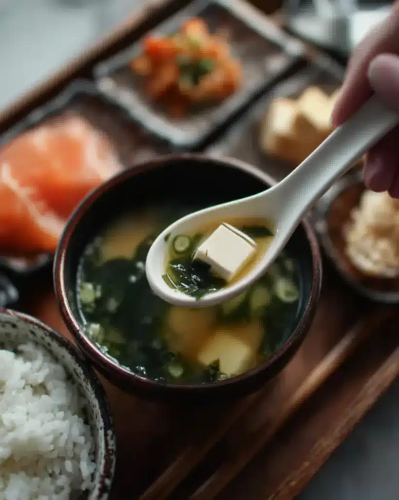 Hand holding a white spoon of miso soup with tofu cubes and seaweed over a bowl on a Japanese meal tray