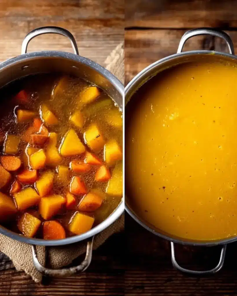 Cooking and blending butternut squash and sweet potato soup in a saucepan on rustic wooden surface