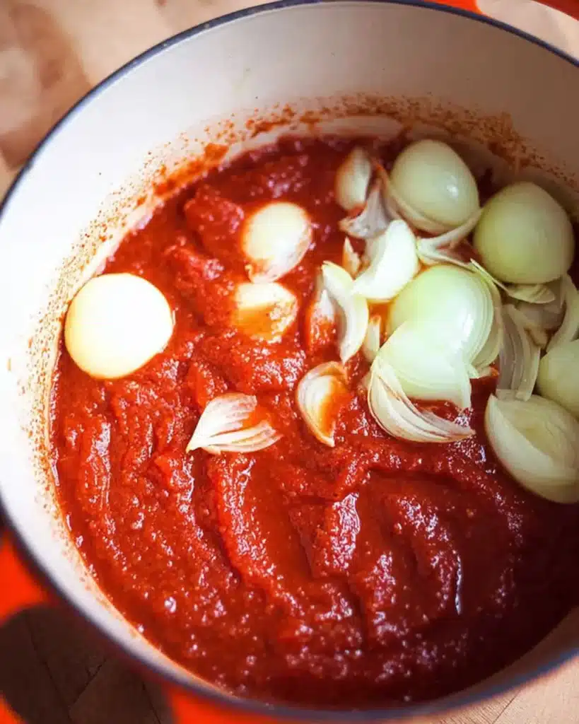 Fresh tomatoes and halved onions simmering in butter in a Dutch oven while preparing easy homemade tomato soup.