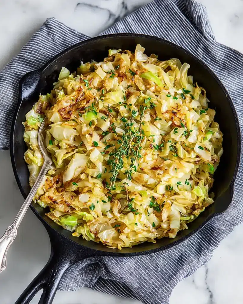 Cast iron skillet filled with sauteed cabbage and thyme on a gray striped napkin