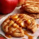 Close-up of soft caramel apple cookie topped with caramel drizzle and apple chunks on parchment paper