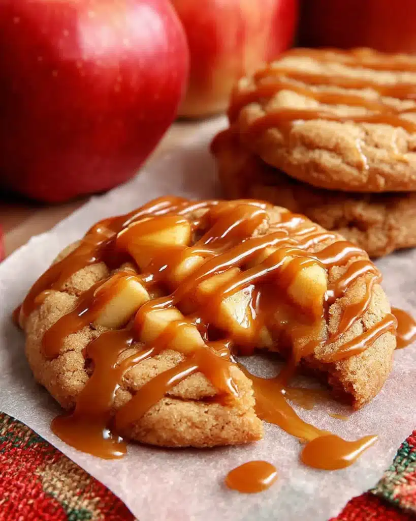 Close-up of soft caramel apple cookie topped with caramel drizzle and apple chunks on parchment paper