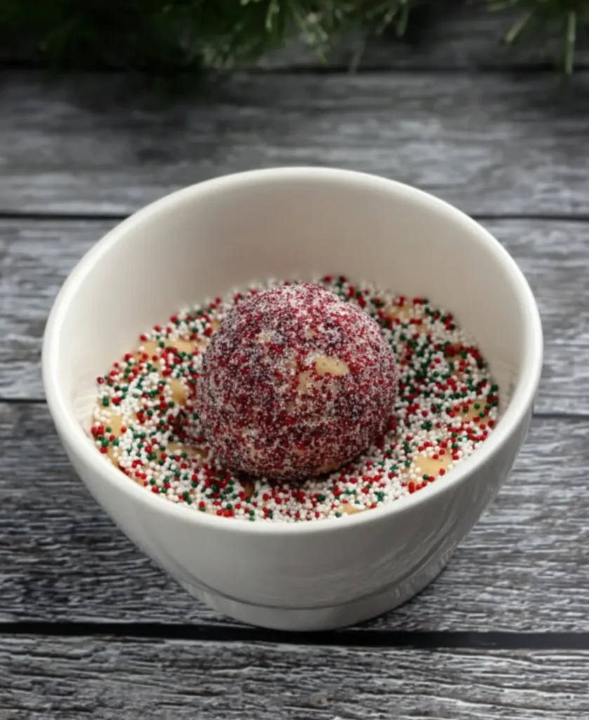 Cookie dough ball rolled in red and green sprinkles inside a white bowl on wooden surface
