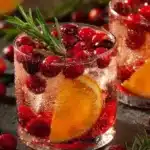 Sparkling Thanksgiving mocktail with orange slice, cranberries, and rosemary sprig on a rustic background