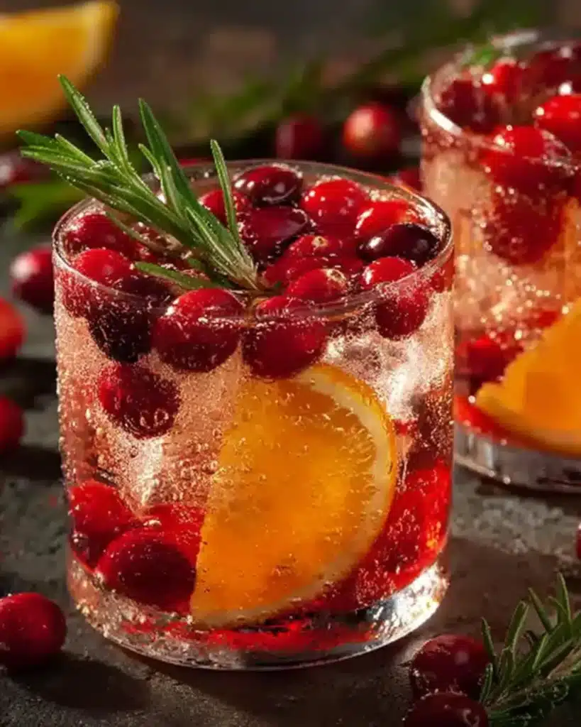 Sparkling Thanksgiving mocktail with orange slice, cranberries, and rosemary sprig on a rustic background