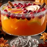 Thanksgiving punch in a crystal punch bowl with apple slices, cranberries, lime, and cinnamon sticks, styled with autumn leaves.