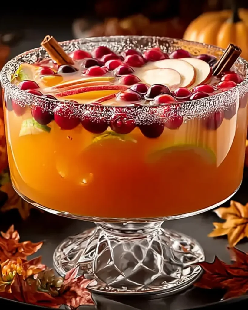 Thanksgiving punch in a crystal punch bowl with apple slices, cranberries, lime, and cinnamon sticks, styled with autumn leaves.