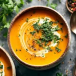 Creamy spicy butternut squash and sweet potato soup topped with fresh parsley and coconut cream swirl