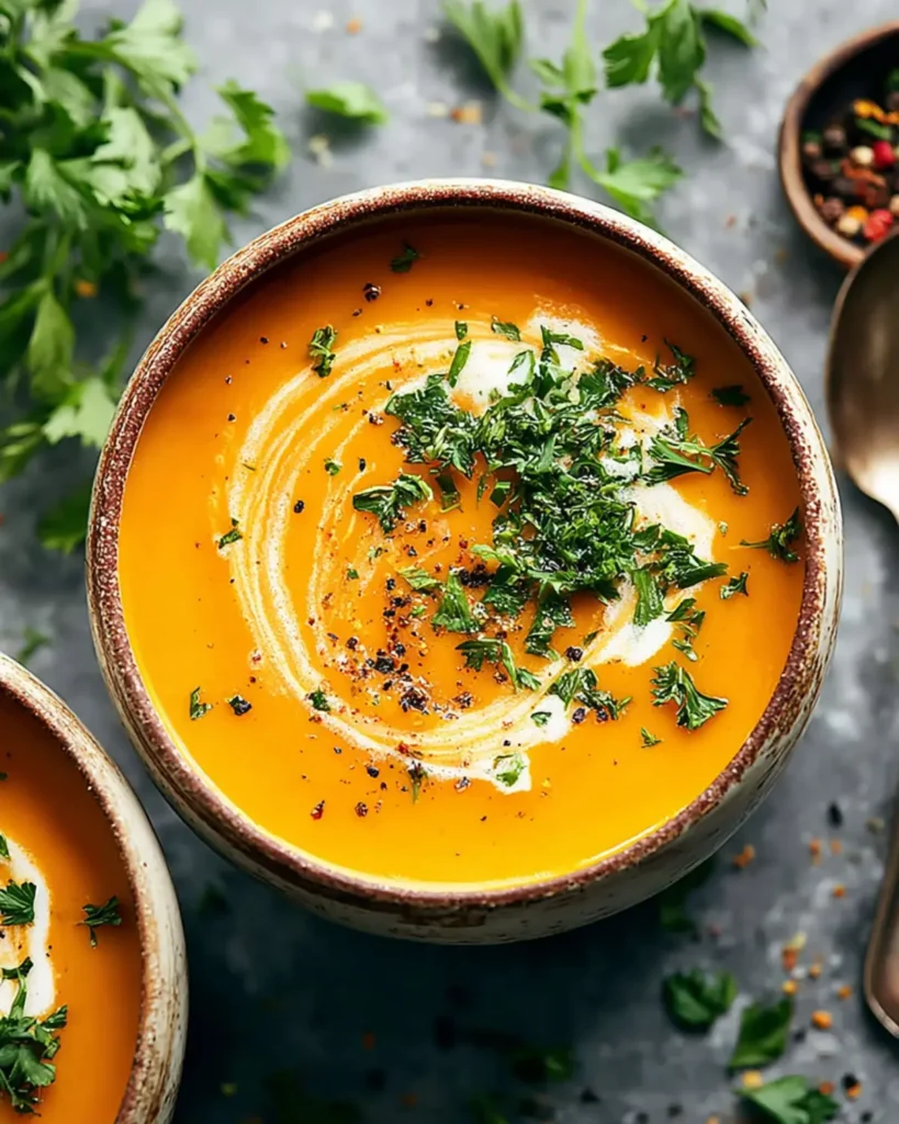 Creamy spicy butternut squash and sweet potato soup topped with fresh parsley and coconut cream swirl