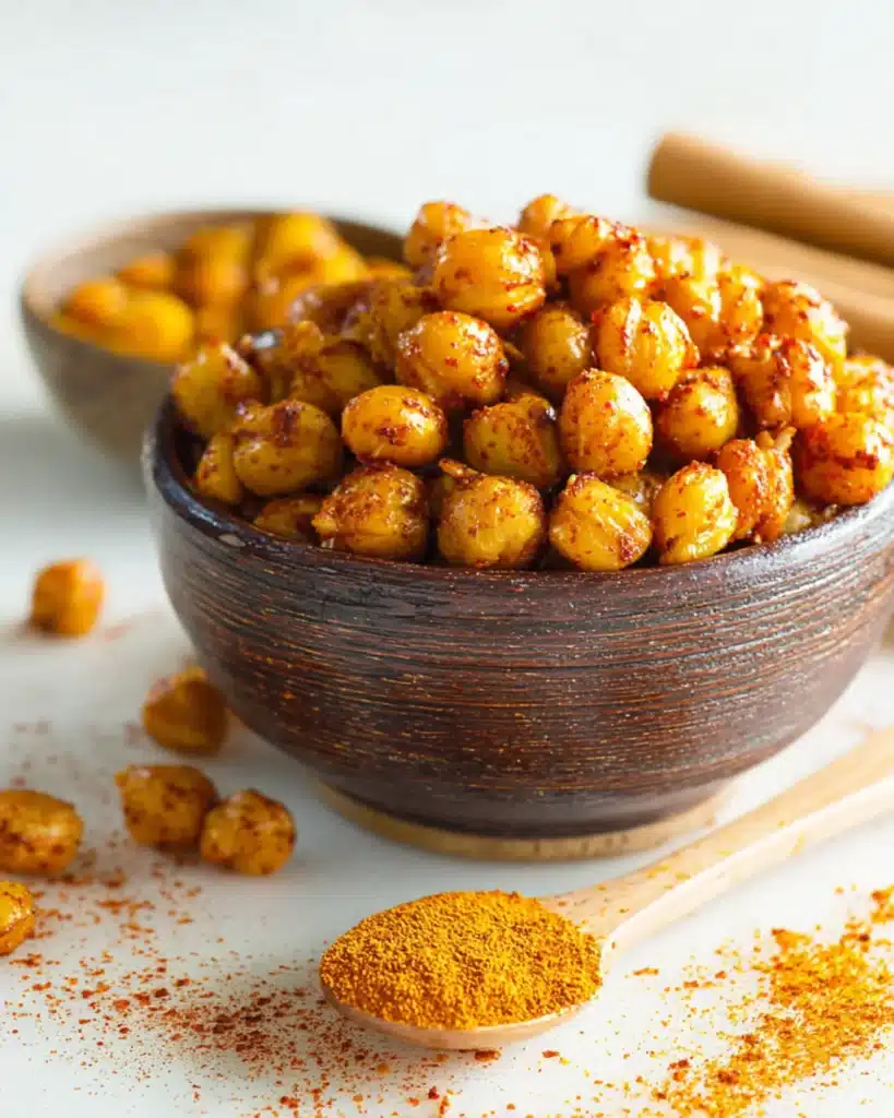 Close-up of spicy roasted chickpeas in a rustic wooden bowl with paprika and chili powder, a perfect healthy Thanksgiving appetizer