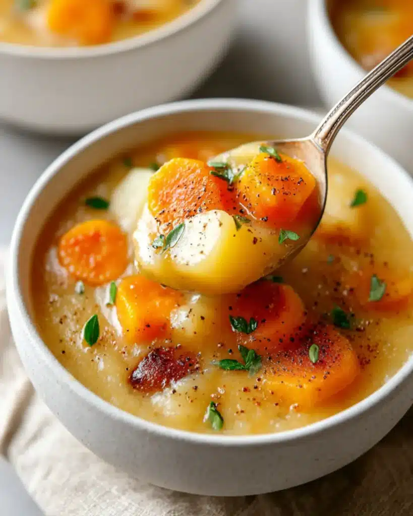 Spoon lifting creamy vegetable soup with chunks of roasted carrots and potatoes