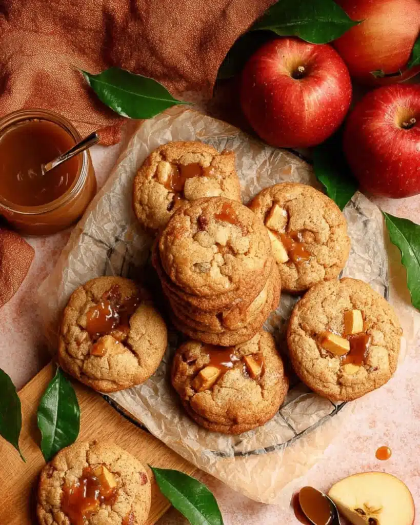Stack of chewy caramel apple cookies on parchment surrounded by red apples and caramel sauce jar
