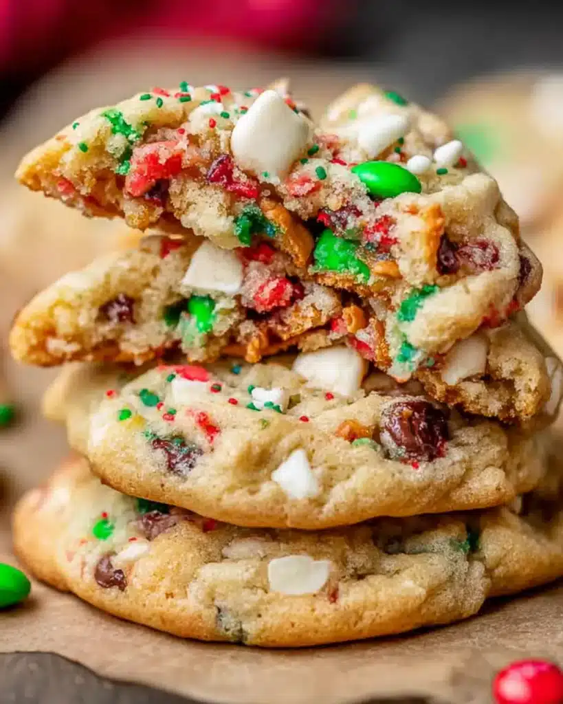 Stack of chewy Christmas Kitchen Sink Cookies filled with M&Ms, pretzels, and white chocolate chips