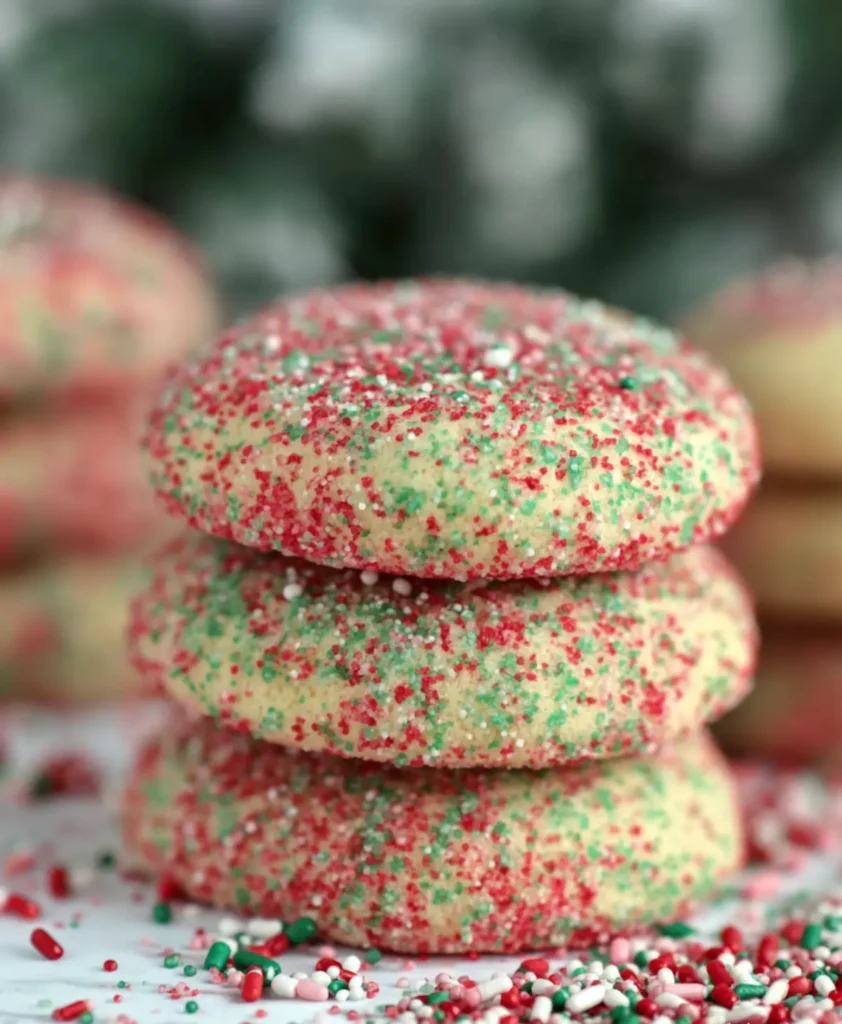Stacked Soft Christmas Sprinkle Cookies with red and green sugar sprinkles on white surface