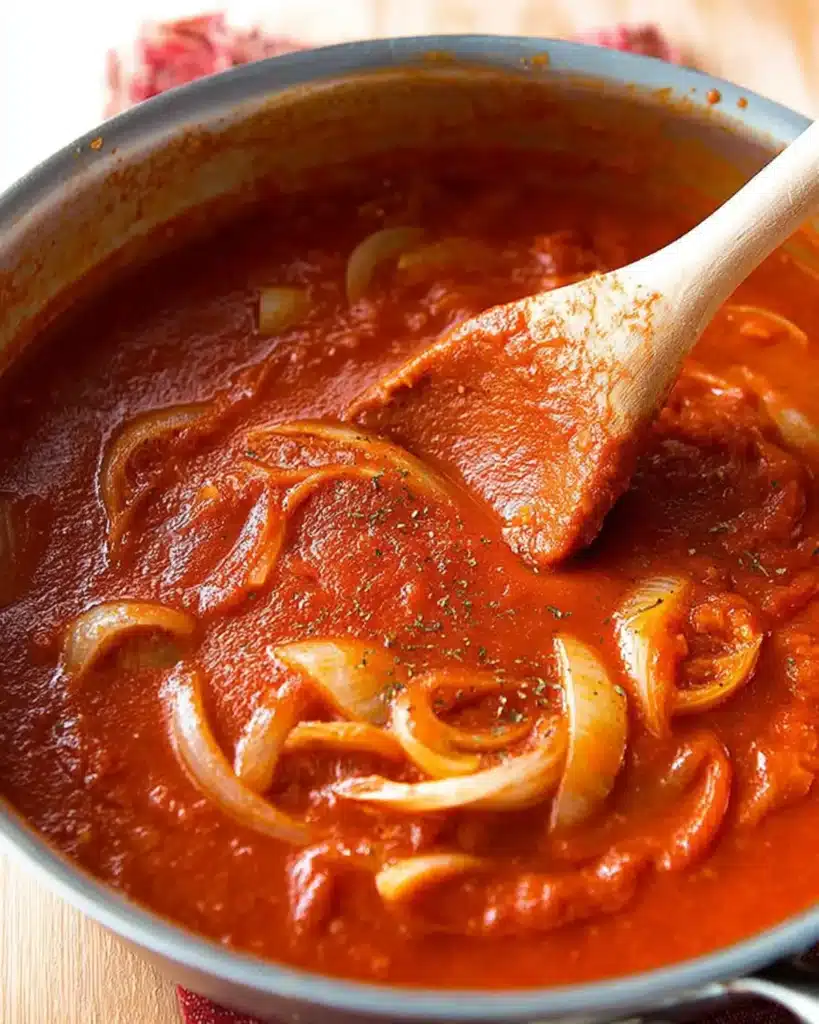 Wooden spoon stirring rich, simmering tomato soup with tender onions in a pot.