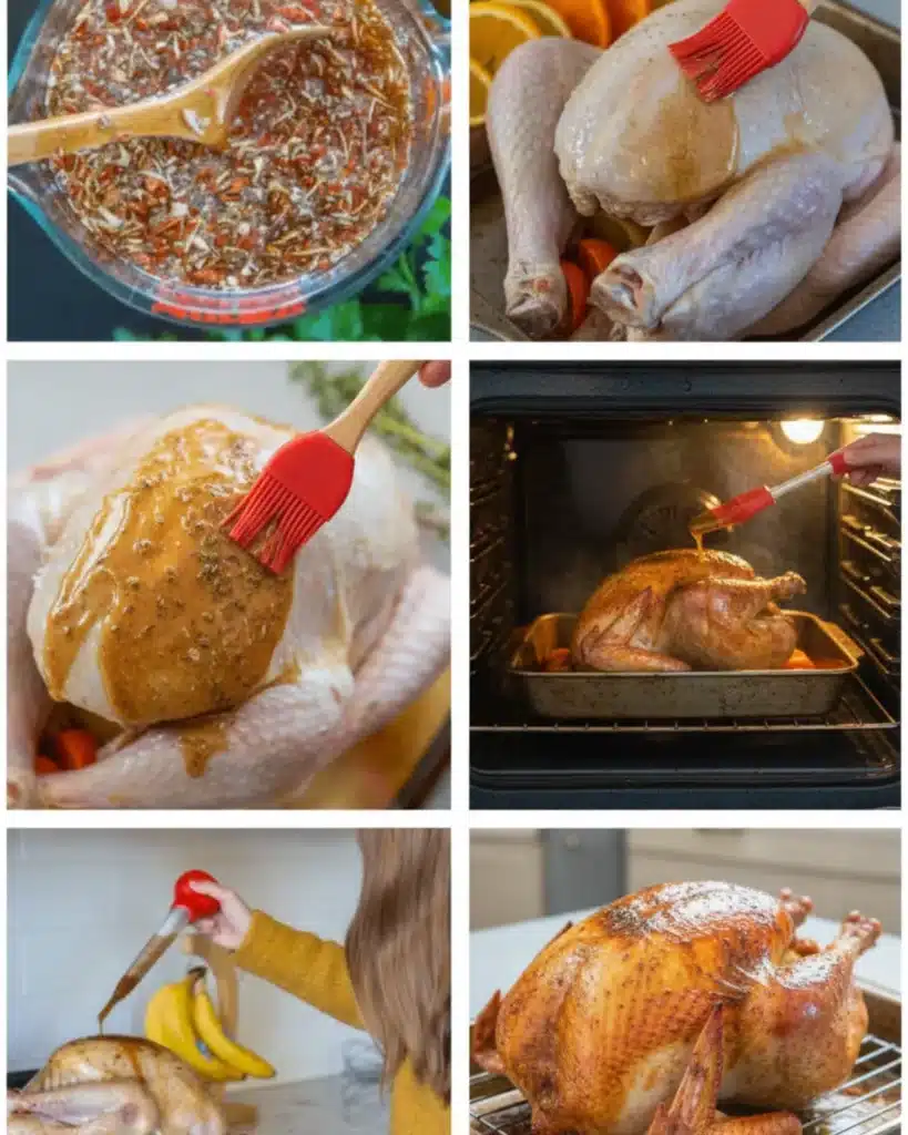 Step-by-step process of brushing maple glaze over raw turkey before roasting in the oven for Thanksgiving.