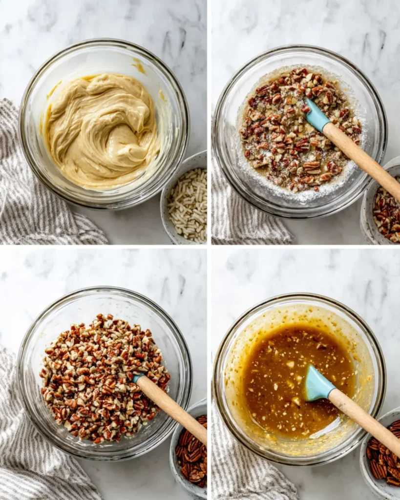 Step-by-step mixing of pecan tassie dough and filling with pecans, butter, and brown sugar in glass bowls.