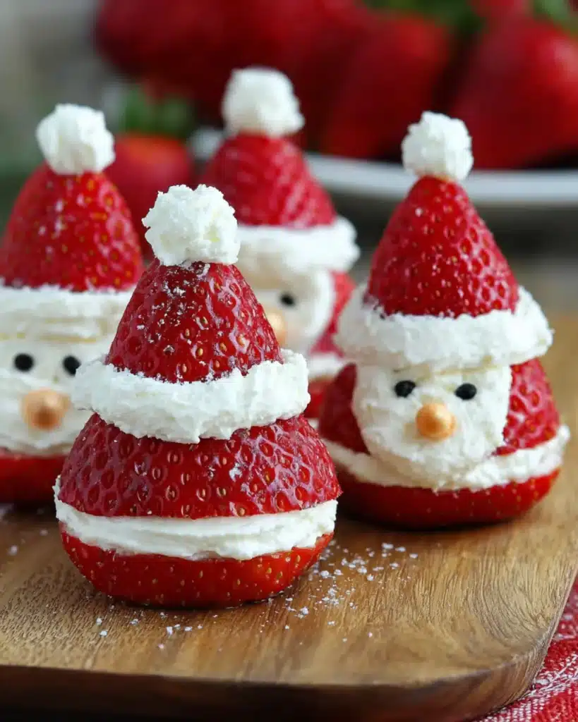 Close-up of strawberry Santas made with whipped cream filling, arranged on a wooden board for a festive Christmas dessert.