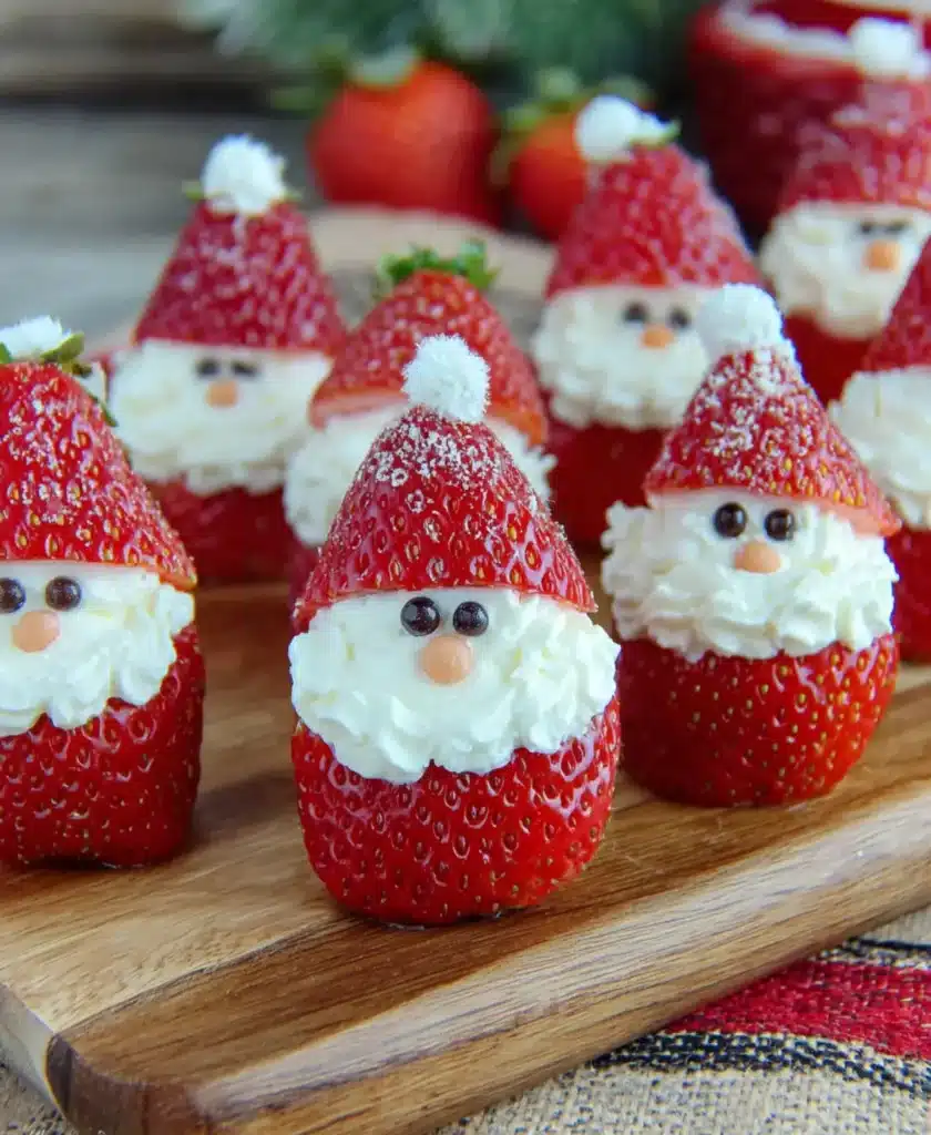 Close-up of strawberry Santas made with whipped cream on a wooden board for a festive Christmas dessert.
