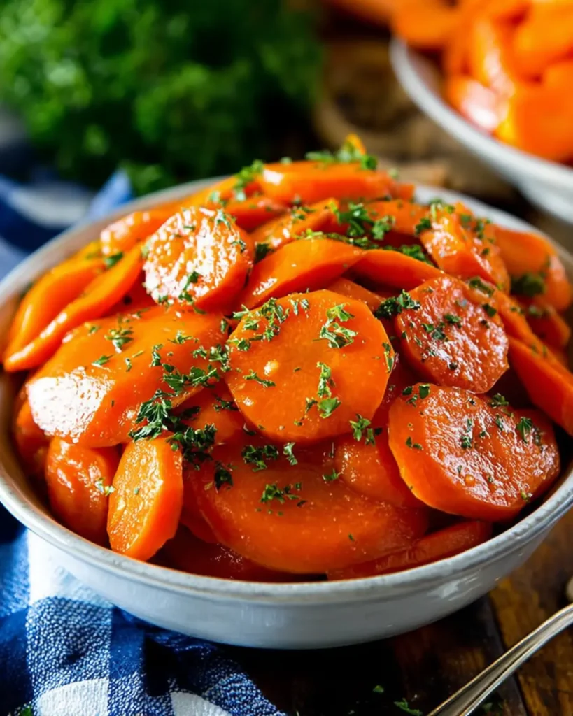 Sweet glazed carrot slices in a bowl topped with chopped parsley for a Thanksgiving side dish.