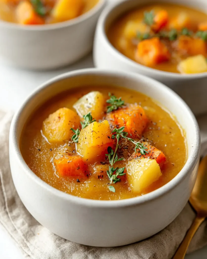 Creamy roasted winter vegetable soup served in a white bowl, topped with thyme and black pepper