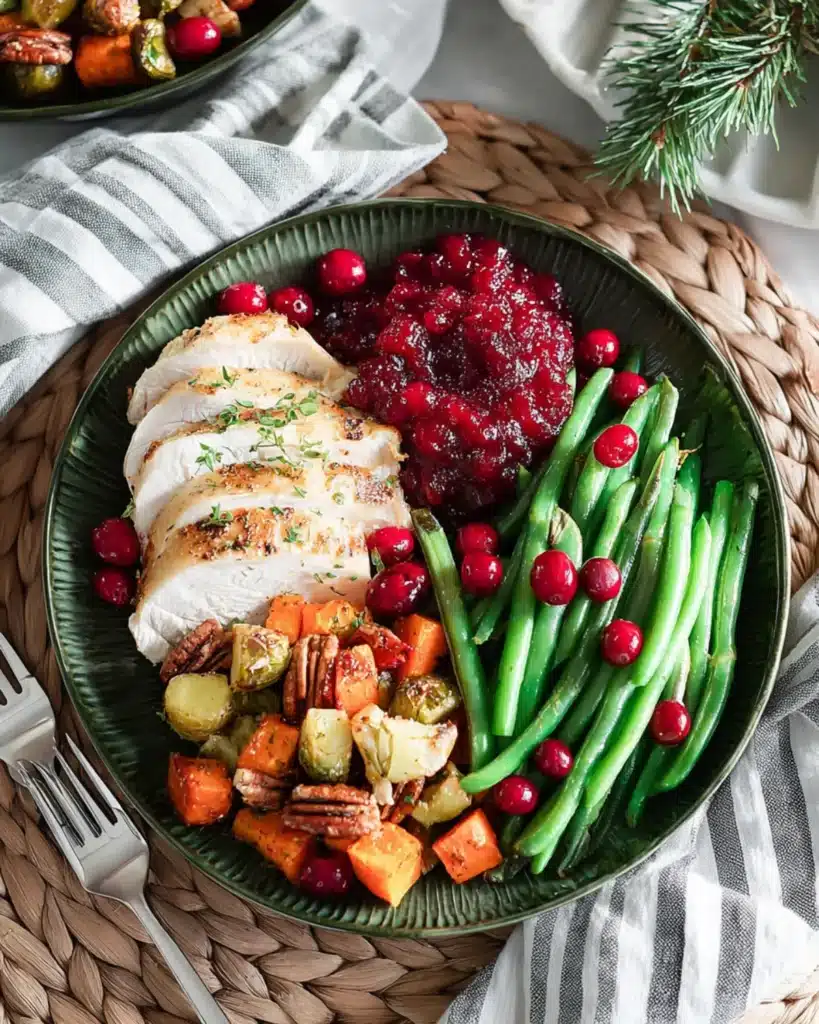 Thanksgiving plate with cranberry sauce, roasted turkey, green beans, and pecans