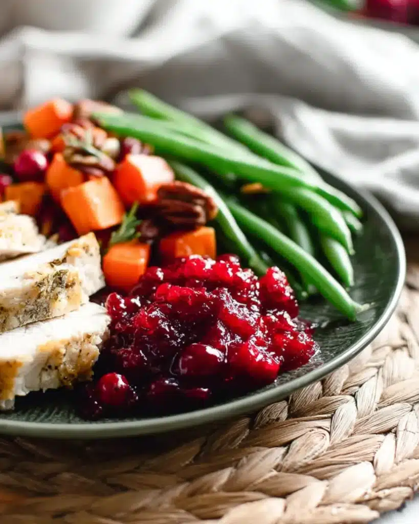 Thanksgiving side plate with cranberry sauce, turkey slices, green beans, and roasted carrots
