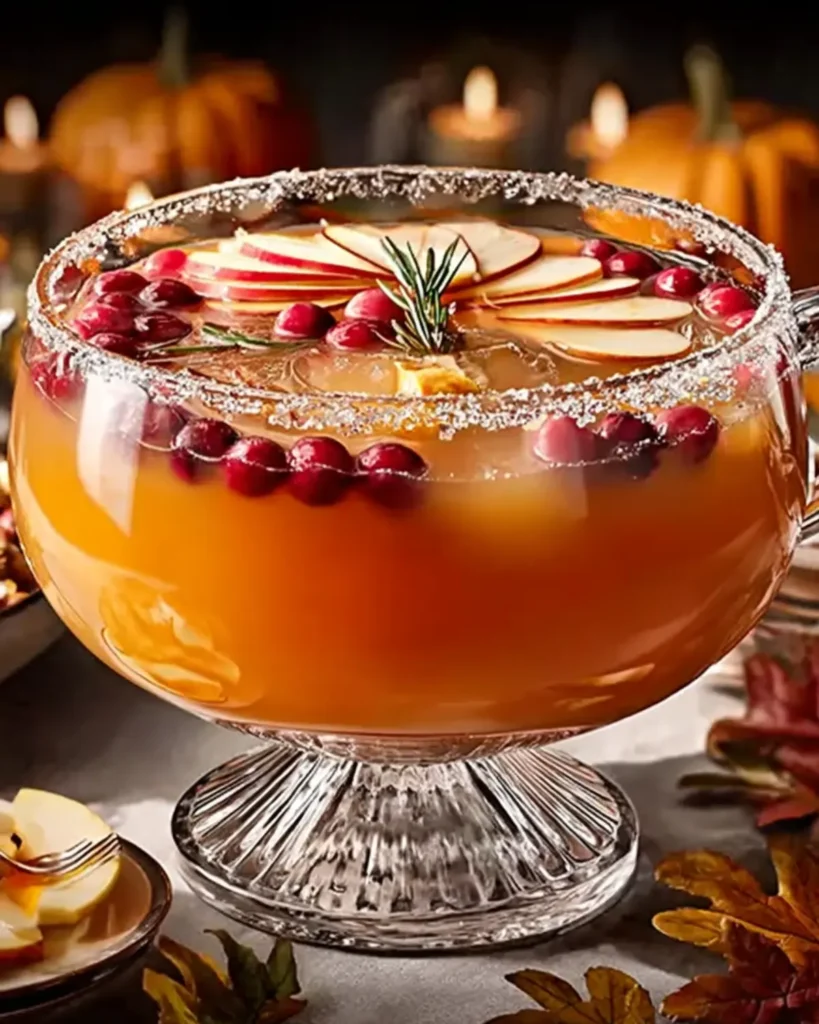 Festive Thanksgiving punch bowl with apple slices, cranberries, and rosemary garnish in a clear glass bowl surrounded by autumn decor.