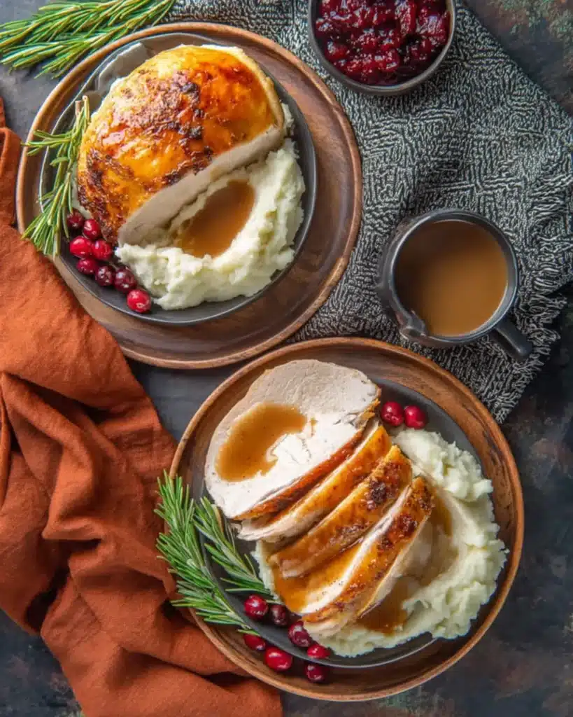 Slices of roasted turkey served with creamy mashed potatoes, gravy, cranberries, and rosemary garnish on a Thanksgiving plate.