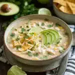 Bowl of The Best White Chicken Chili topped with avocado, lime, shredded cheese, and tortilla chips.