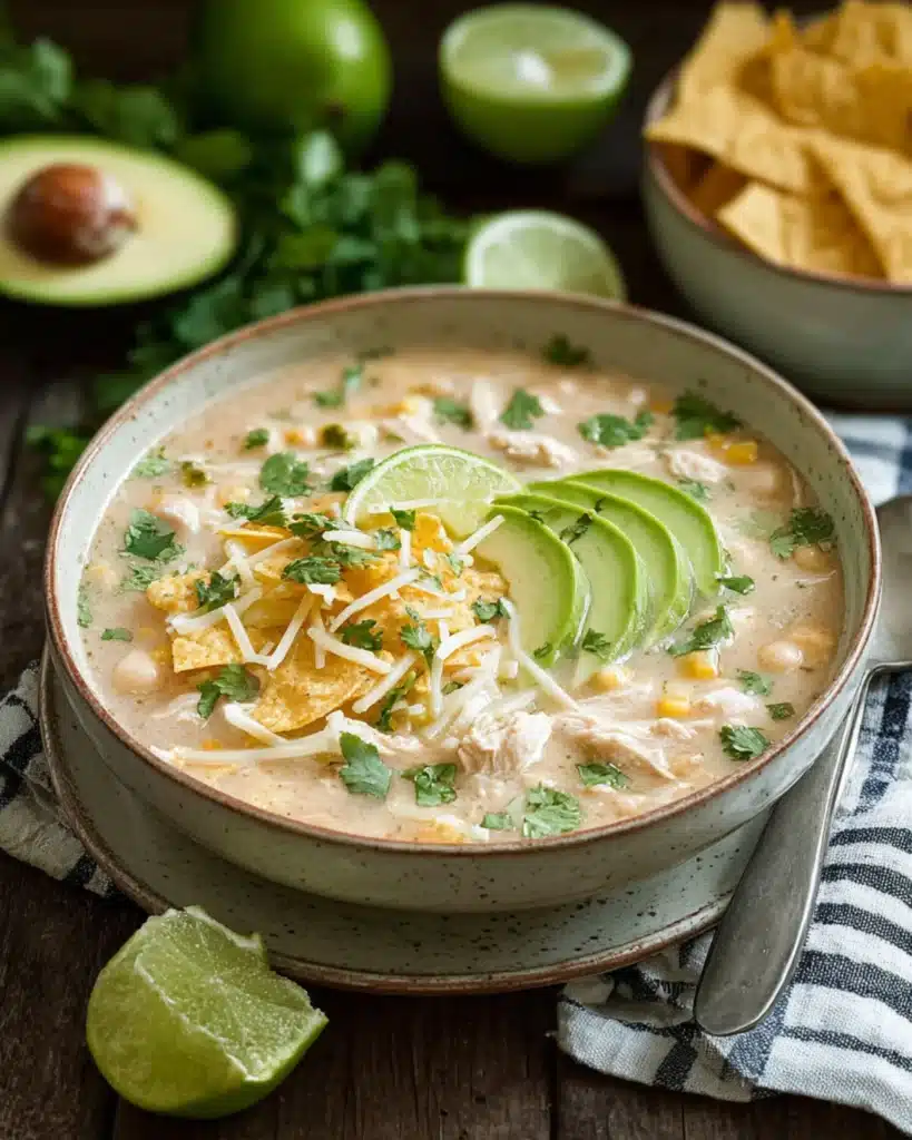 Bowl of The Best White Chicken Chili topped with avocado, lime, shredded cheese, and tortilla chips.