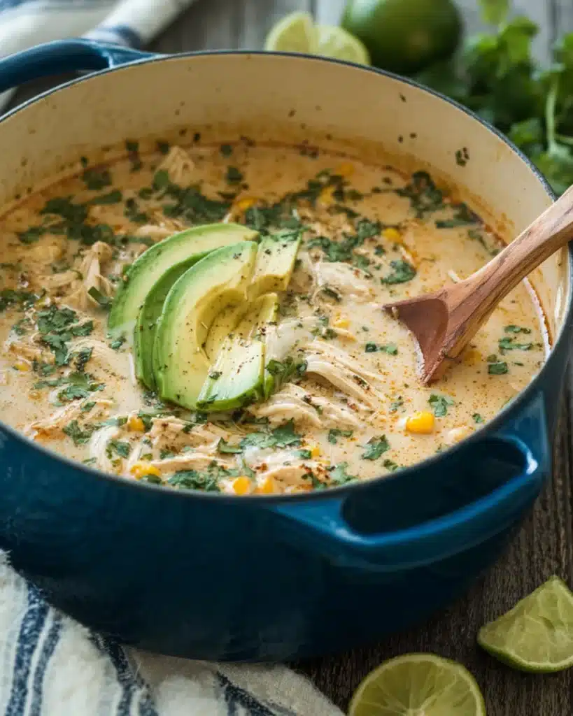 The Best White Chicken Chili simmering in a Dutch oven, topped with avocado slices and cilantro.