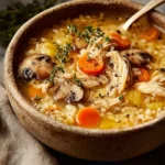 Hearty turkey soup with carrots, mushrooms, and herbs served in a rustic ceramic bowl