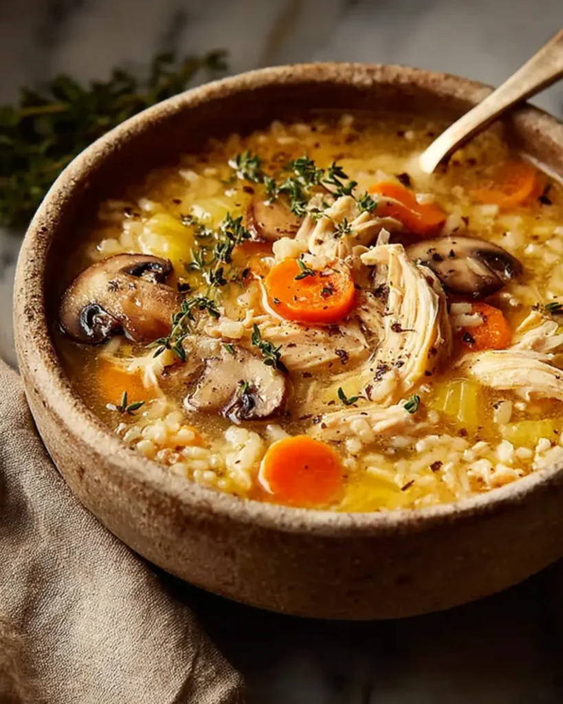 Hearty turkey soup with carrots, mushrooms, and herbs served in a rustic ceramic bowl