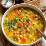 Creamy vegetable soup with carrots, peas, chickpeas, and herbs served in a bowl with crusty bread.