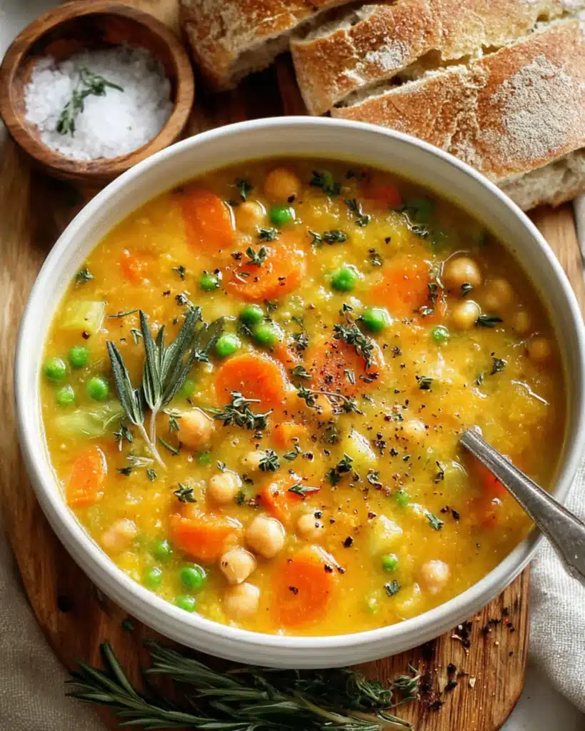 Creamy vegetable soup with carrots, peas, chickpeas, and herbs served in a bowl with crusty bread.