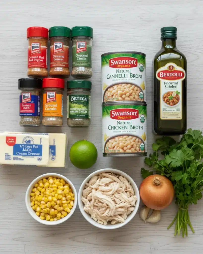 Ingredients for The Best White Chicken Chili arranged on a table with beans, broth, spices, and chicken.