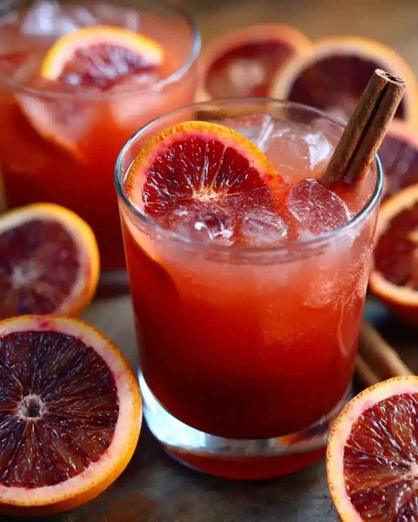 Glasses of witches brew punch made with blood orange juice, cinnamon sticks, and ice cubes on a rustic wooden table, perfect for Halloween or Thanksgiving.